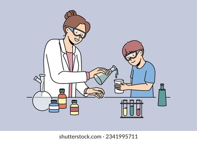 Una profesora de química enseña a los niños a realizar experimentos de laboratorio y mezclar reactivos en tubos de ensayo. Laboratorio escolar con frascos llenos de líquido químico para la enseñanza de niños