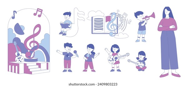Woman Teacher and Children Having Musical Education Lesson with Instrument Playing and Singing Vector Set