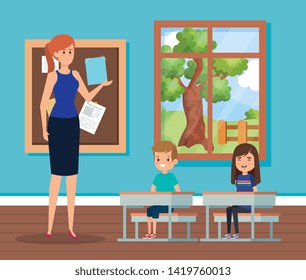 woman teacher in the classroom with kids and desks