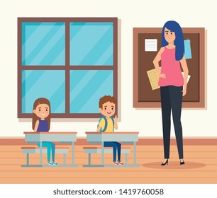 woman teacher in the classroom with kids and window
