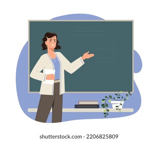 Woman teacher at classroom. Young girl stands by blackboard and explains lessons to children. Poster or banner for website. Education and development, training. Cartoon flat vector illustration