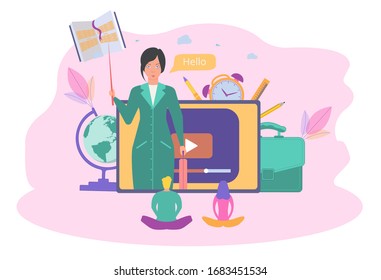 Woman teacher conducts an online foreign language lesson. System of online lessons, the concept of learning a foreign language. Teacher’s personal blog. Colorful vector illustration.