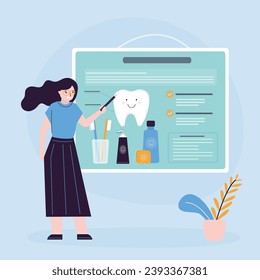 Woman teacher or dentist doctor talks about proper oral care and teeth brushing. Female nurse makes presentation in front of placard with white healthy teeth and dental accessories. flat vector