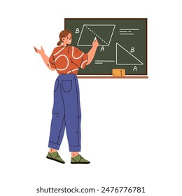 Woman teacher drawing geometric figures on blackboard. Isolated lecturer or tutor teaching students geometry lessons, academic education and studies. Vector cartoon character in flat style