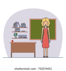 woman teacher in dress on classroom with wooden shelf with books and chalkboard vector illustration