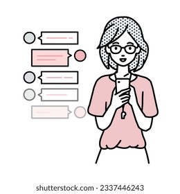 a woman teacher enjoying chat conversation via social network messenger standing and looking in smart phone in her hands