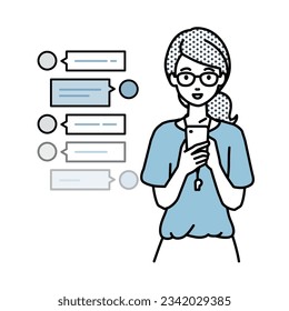 a woman teacher enjoying chat conversation via social network messenger standing and looking in smart phone in her hands