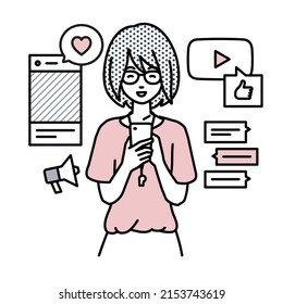a woman teacher enjoying communication via various social network and messenger standing and looking in smart phone in her hands