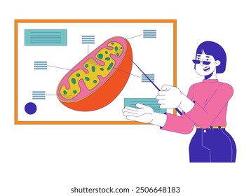 Profesora de mujer explicando la estructura celular en la lección personaje de dibujos animados 2D. Asiático femenino dirigiendo la clase de biología aislada persona de Vector plano fondo blanco. Ilustración de mancha de color del personal escolar