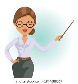 Woman teacher explaining gesture. Happy teacher's day. Master character catoon. 