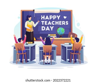 Woman teacher with explains gesture near blackboard in a classroom on Teacher's Day. Flat vector illustration