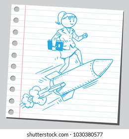 Woman teacher flying on rocket (sketch style drawing) 