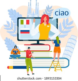 Woman teacher foreign language, tiny character learn online internet russian dialect flat vector illustration, isolated on white. People sitting book stack, digital monitor for web education.