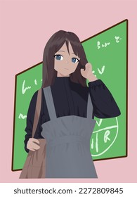 Woman teacher in front of a greenboard. beautiful student with bag in front of blackboard. Vector illustration.