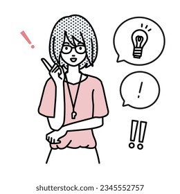 a woman teacher getting a great idea standing with pointing hand gesture light bulb and exclamation symbol set