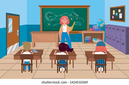 woman teacher with girls and boy students with books