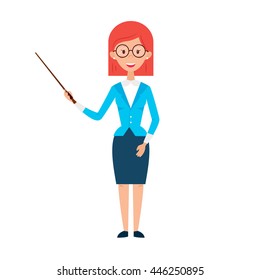 Woman Teacher with Glasses and Pointer. Flat Style Vector Illustration of People Character isolated over White.