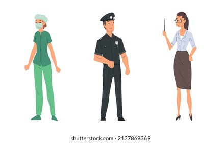 Woman Teacher in Glasses with Pointer and Man Police Officer Vector Set