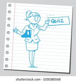Woman teacher holding quiz banner (sketch style drawing) 