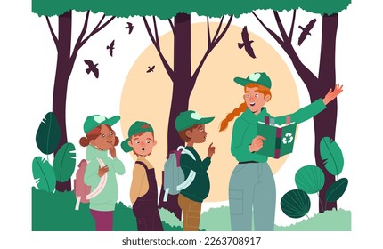 Woman Teacher with Kids in Forest Learning Ecology and Planet Care Vector Illustration