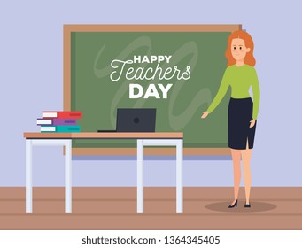 woman teacher and laptop with books and blackboard