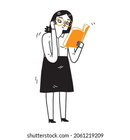 A woman teacher is moving her glasses to make it read a big book clearly. Hand drawing vector illustration 