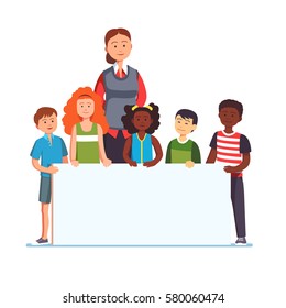 Woman teacher with multiracial group of kids standing together holding white blank banner. School education presentation concept template. Flat style modern vector illustration isolated on white.