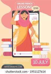 Woman teacher in national Indian sari speaks foreign language during online lesson on screen