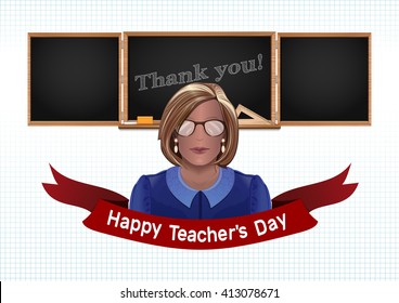 Woman teacher on a background of black chalkboard. The inscription in chalk on a blackboard - Thank you. Happy Teacher's Day. Vector illustration