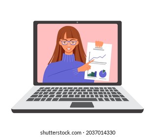 Woman teacher on laptop explains the subject. Girl points to a graph on a piece of paper. Online education, distance learning, homeschooling, web course or tutorial. Vector isolated flat illustration