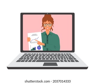Woman teacher on laptop explains the subject. Girl points to a graph on a piece of paper. Online education, distance learning, homeschooling, web course or tutorial. Vector isolated flat illustration
