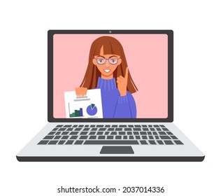 Woman teacher on laptop explains the subject. Girl holds paper and points her finger up. Online education, distance learning, homeschooling, web course or tutorial. Vector isolated flat illustration