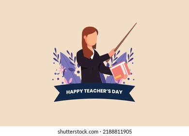 Woman Teacher with pointer and books. Happy teacher's day. International teacher's day concept. Vector illustration.