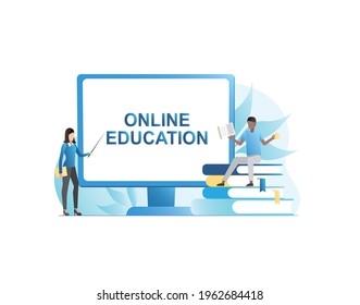 Woman teacher with pointer, textbook conducts lesson, reads lecture on Internet on computer. Video communication training. Distant online education of pupils, students at home. Getting an education.