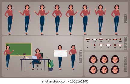 Woman Teacher or Professor character Set. Collection of character body Poses, facial gestures, teaching activities and Lip syncs poses. Ready-to-use and animate, character set. Vector illustration.