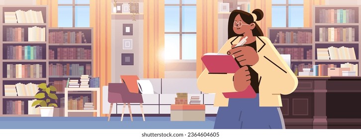 woman teacher reading books in library happy labor day celebration concept horizontal