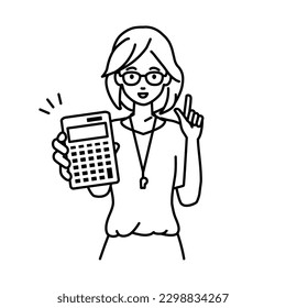 a woman teacher recommending, proposing, showing estimates and pointing a calculator with a smile
