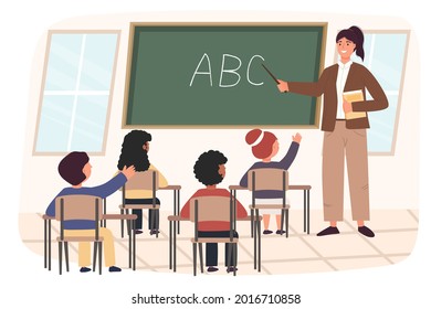 Woman teacher and scholars, children, boys and girls. Class. Vector illustration concept for school. Contemporary style. Cute character.