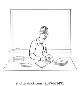 Woman teacher at school desk. Lady checking students' notebooks. Graphic image. Vector illustration.