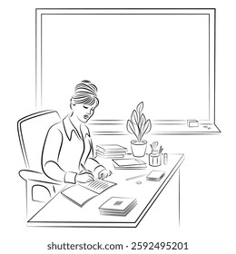 Woman teacher at school desk. Lady checking students' notebooks. Graphic image. Vector illustration.