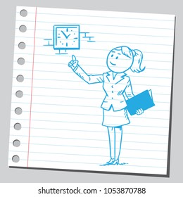 Woman teacher showing and looking at the clock