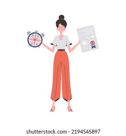 Woman teacher shows that it's time to learn English. The concept of teaching English. Isolated. Trendy flat style. Vector.