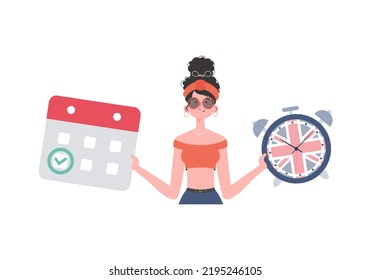 Woman teacher shows that it's time to learn English. The concept of learning English. Isolated. Flat modern style. Vector.