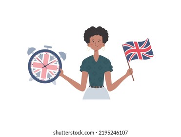 Woman teacher shows that it's time to learn English. The concept of learning English. Isolated. Trendy flat style. Vector illustration.