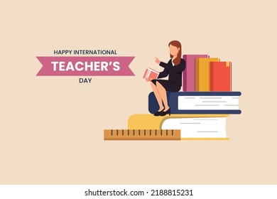 Woman teacher sitting on the stack of books. Happy teacher's day. International teacher's day concept. Vector illustration.