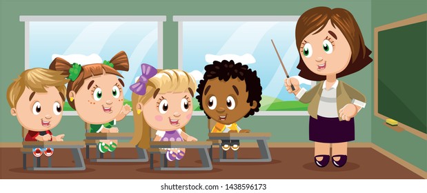 Woman teacher standing near chalkboard and explaining something to smiling boys and girls sitting at school desks. Multiracial kids learning in lesson in classroom. Vector cartoon illustration.