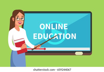 Woman teacher standing near tablet look like school board.  Online education concept.  Flat style vector illustration.