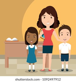 woman teacher with students in the classroom