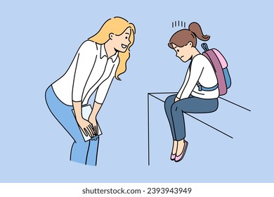 Woman teacher supports and motivates sad child who has problems with socialization and finding friends. Girl teacher consoles schoolgirl crying because of low grades or bullying from classmates