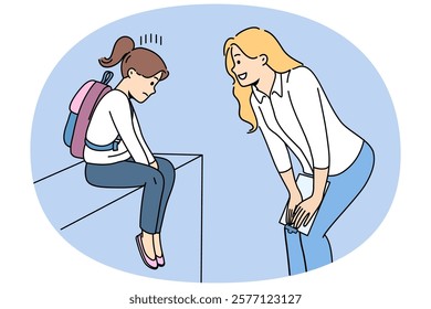 Woman teacher supports and motivates sad child who has problems with socialization and finding friends. Girl teacher consoles schoolgirl crying because of low grades or bullying from classmates